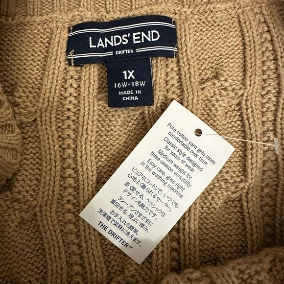 NWT LANDS' END Long Sleeve Cable Knit Crew Neck Pullover Sweater in Tan - Picture 5 of 8